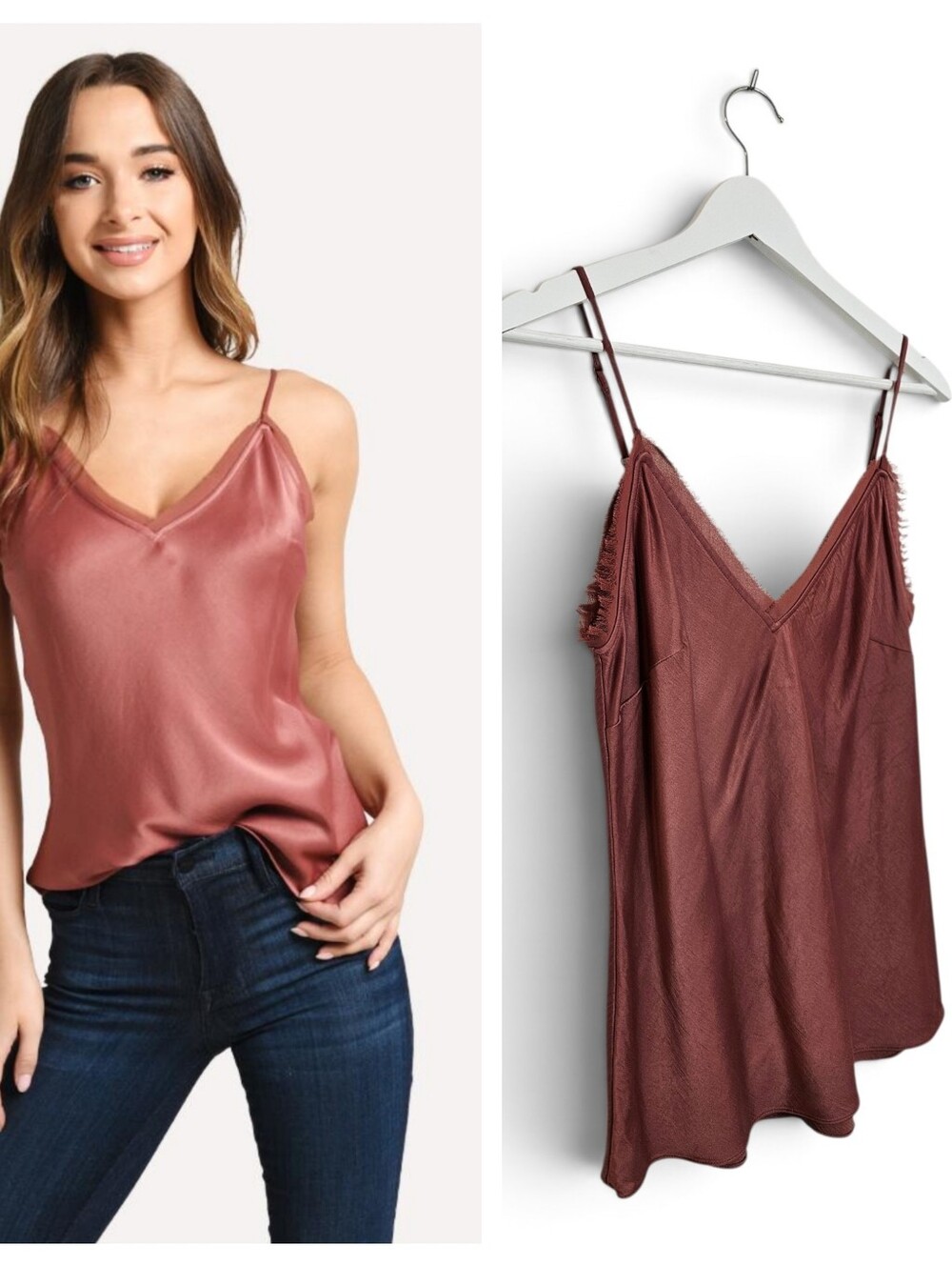 FRAME Denim Satin Lounge Tank S V Neck Raw Edge Camisole Rosewood Minimal Luxe